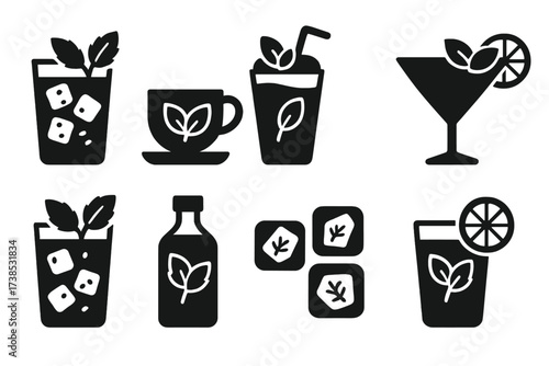 Mint Beverage Icons. Solid, filled icon set of mint in beverages: mojito glass with mint, mint tea cup, mint smoothie, cocktail with mint garnish, iced mint