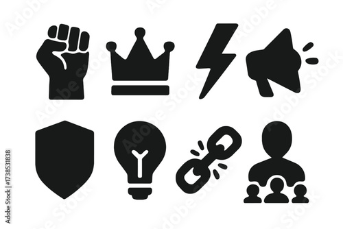 Empowerment Icon Set. Solid, filled icon set of empowerment: raised fist, crown, lightning bolt, megaphone, strong shield, light bulb, chain breaker, leader