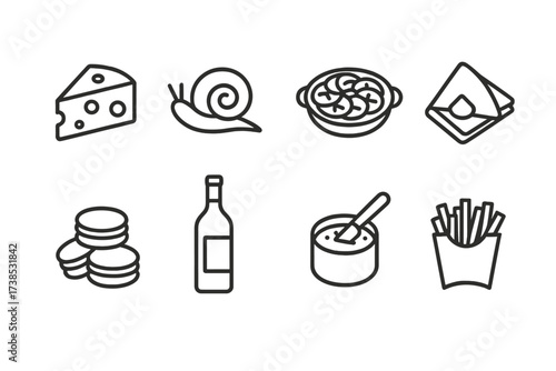 French Cuisine Icons. Outline icon set of French cuisine: cheese wedge, escargot, ratatouille, crepe, macarons, wine bottle, pate, French fries. Line icons in