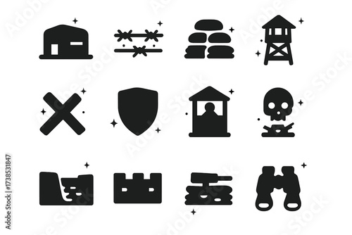 Fortified Icons Set. Defensive stronghold. Solid icons set of bunker, barbed wire, sandbags, watchtower, tank trap, shield emblem, guard post, minefield,