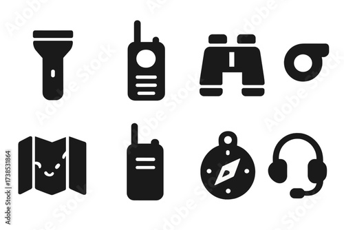 Watcher Equipment Icons. Solid, filled icon set of watcher equipment: flashlight, radio, binoculars, whistle, map, walkie-talkie, compass, headset. Solid,