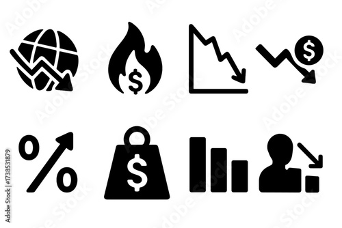 Recession Causes Icons. Solid, filled icon set of recession causes: economic crisis, inflation, market crash, trade war, high interest rates, debt, supply
