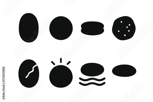 Hot Stone Icons. Solid, filled icon set of hot stone textures and shapes: oval stone, round stone, flat stone, textured stone, smooth stone, stone with cracks,