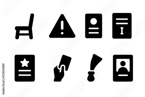 Disciplinary Icons Grid. Solid, filled icon set of disciplinary actions: timeout chair, warning sign, detention slip, suspension notice, behavior report, red