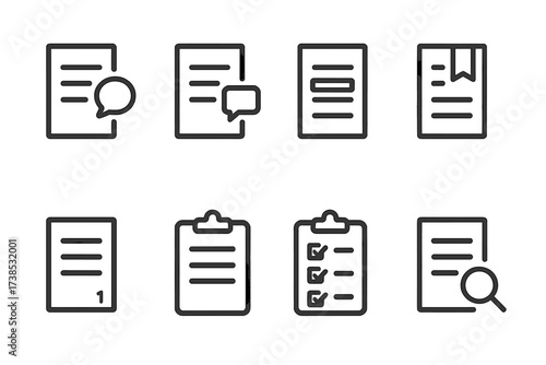 Document Annotation Icons. Outline icon set of document annotation: page with notes, margin comment, highlighted text, bookmark, footnote, clipboard,