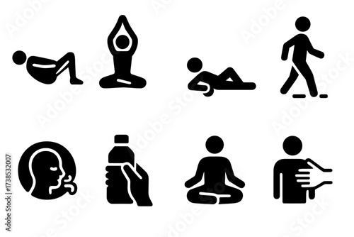 Cool Down Icon Set. Solid, filled icon set of cool down routines: guided stretch, yoga flow, foam rolling, light walking, breathing pause, hydration break,