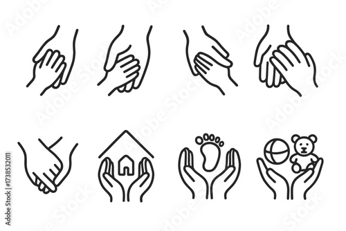 Family Hands Icons. Outline icon set of children and family hands: child hand hold, parent and child holding hands, family group hands, siblings hand hold,