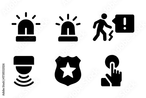 Vault Alarm Icons. Solid, filled icon set of vault alarms: siren, flashing light, alert message, security breach, lockdown icon, motion sensor, police badge,