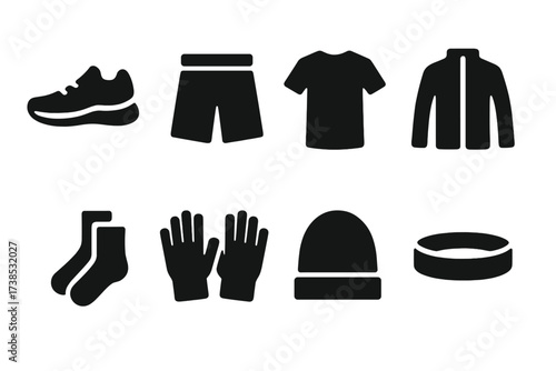 Jogging Outfit Icons. Solid, filled icon set of jogging clothing: running shoes, shorts, t-shirt, jacket, socks, gloves, hat, sweatband. [Line icons in only