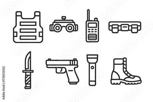 Tactical Equipment Icons. Outline icon set of tactical equipment: bulletproof vest, night vision goggles, radio, utility belt, tactical knife, handgun,