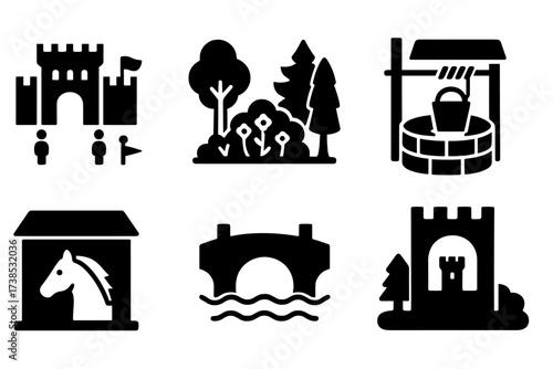 Castle Icon Grid. Solid, filled icon set of castle environment: courtyard, garden, well, stables, bridge, forest, tower view, moat water. Solid, filled icons