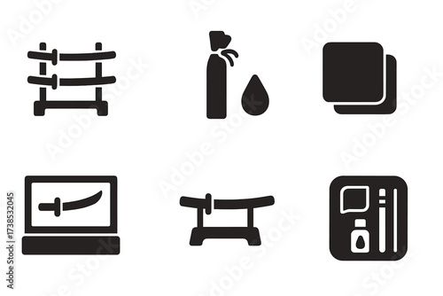 Sword Accessories Icons. Solid, filled icon set of sword accessories: sword rack, sword bag, sword oil, sword cleaning cloth, sword display case, sword stand,