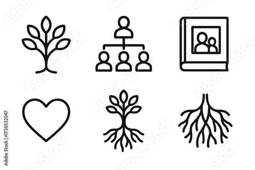 Family Tree Icons. Outline icon set of family tree: tree, branches, leaves, family members, photo frame, genealogy book, heart, roots. Line icons in only black