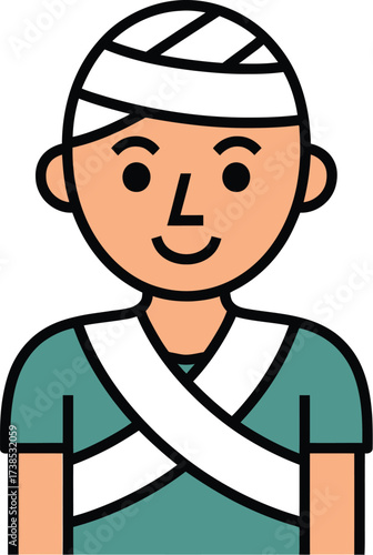 Illustration of injured man with head bandage and arm sling for medical use