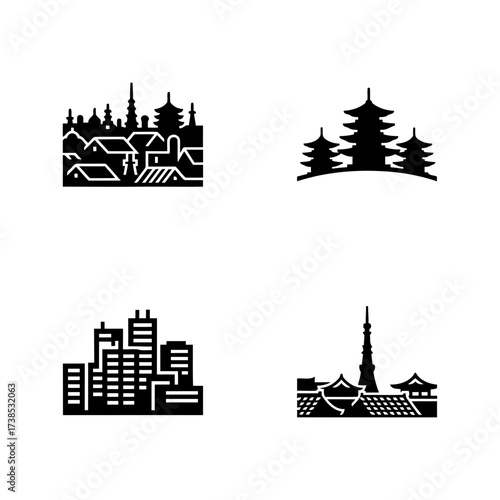 Vector art of a compilation of four black and white silhouette icons featuring diverse cityscapes and architectural elements