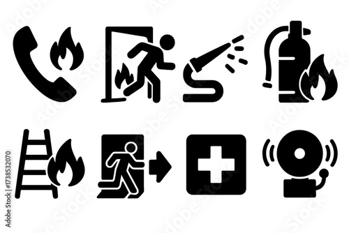 Fire Safety Icon Set. Solid, filled icon set of fire emergency actions: call , evacuation, fire hose spraying, fire extinguisher use, rescue ladder, emergency