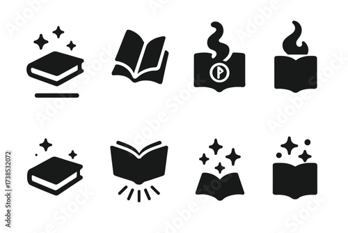 Magical Book Icons. Solid, filled icon set of book-related magical effects: book levitation, page flipping, glowing rune, smoke rising, magical aura, light