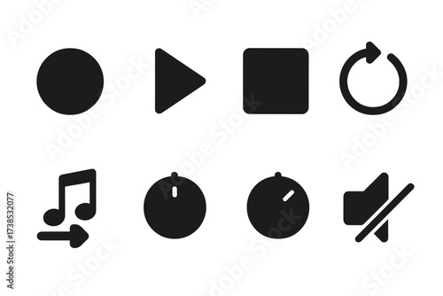 Beatmaker Icon Set. Solid, filled icon set of beatmaker workflow: record button, play button, stop button, loop toggle, tempo control, volume knob, pan knob,