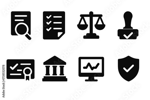 Compliance Icons Set. Solid, filled icon set of agreement compliance: audit, checklist, legal scales, approval stamp, certificate, regulatory building,