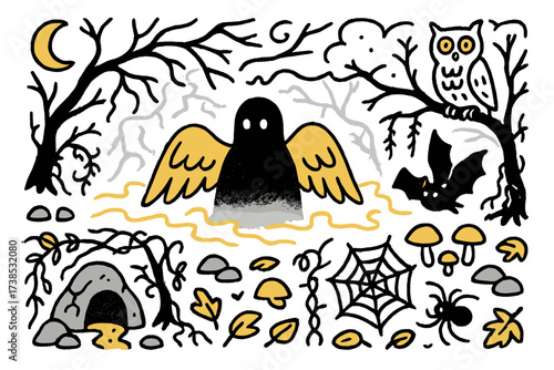 Hidden Forest Creatures. Hidden Wings. Hand-drawn doodle illustration hidden wings winged creature (accented), dark forest, twisted branches, fog (accented),