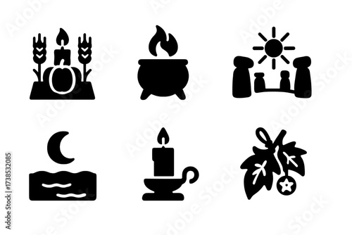 Seasonal Witch Rituals. Solid, filled icon set of seasonal witch rituals: harvest altar, bonfire cauldron, solstice circle, moonlit lake, winter candle, spring