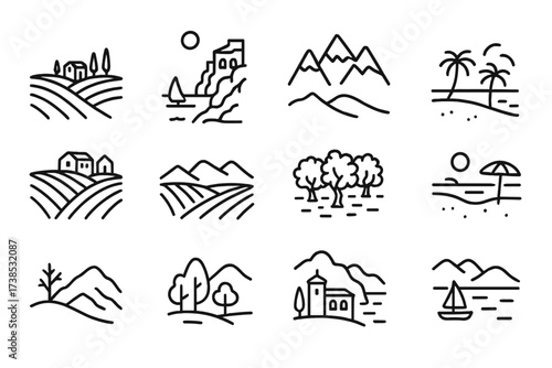 Italian and Spanish Icons. Outline icon set of Italian landscapes: Tuscan hills, Amalfi coast, Alps mountain, rolling vineyards, olive grove, Sicilian beach,