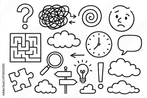 Perplexity Puzzle Icons. Hand-drawn doodle illustration perplexity maze, question mark, tangled lines, swirl, confused face, arrows, cloud, magnifying glass,