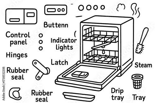 Dishwasher Doodle Icons. Hand-drawn doodle illustration Dishwasher door dishwasher door, handle, control panel, detergent compartment, hinges, rubber seal,