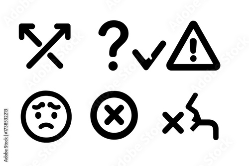 Failed Decision Icons. Solid, filled icon set of failed decision making: crossed arrows, question mark, broken checkmark, alert triangle, confused face, error