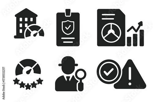 Credit Agency Icons. Solid, filled icon set of credit agencies: report building, agency badge, credit data file, analytics chart, rating symbol, inspector