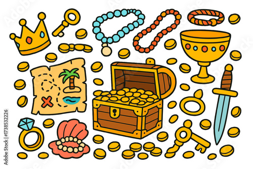 Colorful Treasure Doodles. Buried treasures. Colorful Hand-drawn doodle Children illustration buried treasures golden coins, jewelry, crown, key, chest, pearl,