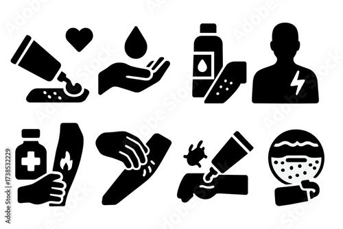 Healthcare Ointment Icons. Solid, filled icon set of ointment uses: wound healing, skin hydration, rash relief, pain relief, burn treatment, eczema care,