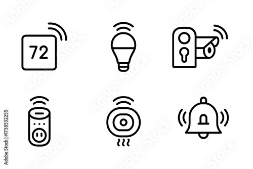 Smart Home Icon Set. Outline icon set of smart home devices: smart thermostat, smart light bulb, smart door lock, security camera, smart speaker, smart plug,
