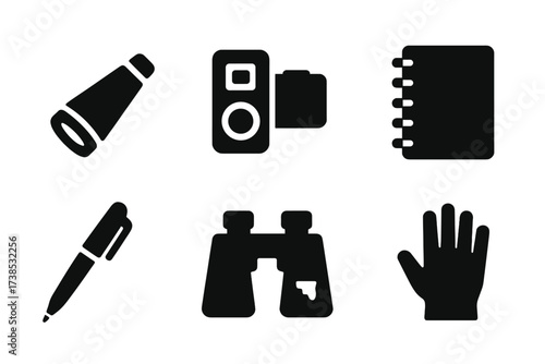 Detective Tools Icons. Solid, filled icon set of detective tools: spyglass, tape recorder, camera, notebook, pen, binoculars, evidence bag, glove. [Line icons