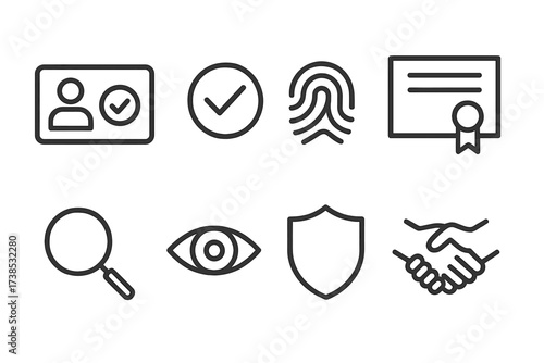 Trust Icons Set. Outline icon set of trust verification: ID card, checkmark, fingerprint, certificate, magnifying glass, eye, shield, handshake. Line icons in
