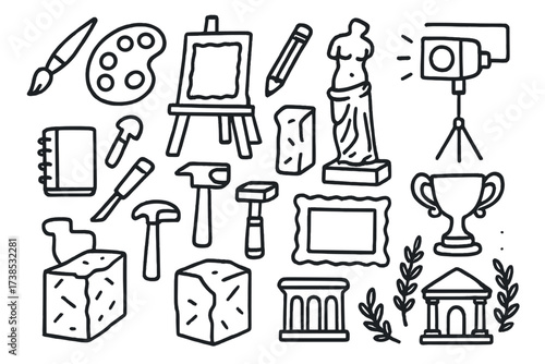 Artistic Tools Doodle. Hand-drawn doodle illustration masterpiece tools paintbrush, palette, easel, canvas, pencil, sketchbook, chisel, hammer, marble block,