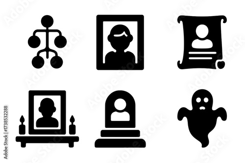 Ancestral Symbols Icons. Solid, filled icon set of ancestral symbols: family tree, ancient portrait, tribal mask, heritage scroll, ancestor altar, gravestone,