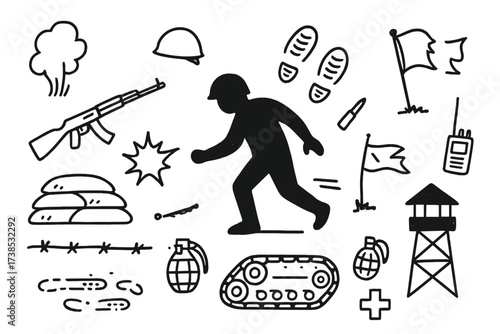 Combat Doodle Icons. Hand-drawn doodle illustration Combat retreat and fallback soldier silhouette, rifle, helmet, smoke, explosion, sandbag, barbed wire,