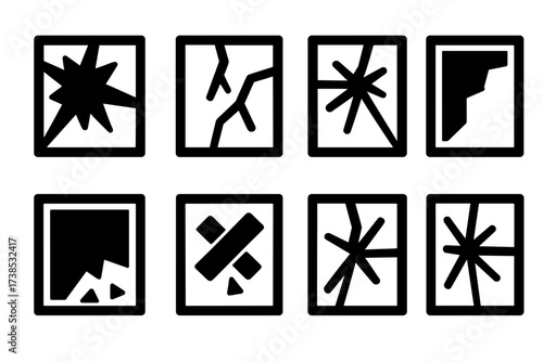 Broken Window Icons. Solid, filled icon set of broken window: shattered glass, cracked pane, spiderweb crack, missing glass, broken frame, glass shards, taped
