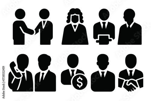 Business Icon Grid. Solid, filled icon set of deal participants: client, vendor, lawyer, broker, consultant, investor, manager, partner. [Solid, filled icons