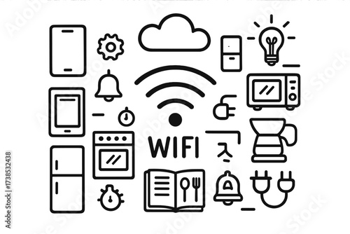 Smart Kitchen Doodle. Hand-drawn doodle illustration Kitchen connectivity wifi symbol, cloud, smartphone, tablet, fridge, oven, microwave, coffee maker, light
