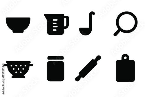 Kitchenware Icon Set. Solid, filled icon set of stirring kitchenware: mixing bowl, measuring jug, ladle, sieve, colander, storage jar, rolling pin, cutting