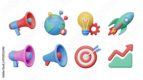 Colorful 3D marketing and business icons representing global reach ideas promotion targets and growth for digital advertising and social media campaigns are