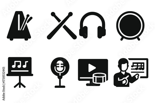 Drumline Practice Icons. Solid, filled icon set of drumline practice and rehearsal: metronome, drumsticks, headphones, practice pad, music sheet, recording