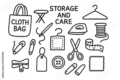 Cloth Bag Essentials. Hand-drawn doodle illustration Cloth bag storage and care tote bag, ironing board, iron, hanger, sewing needle, thread spool, safety pin,