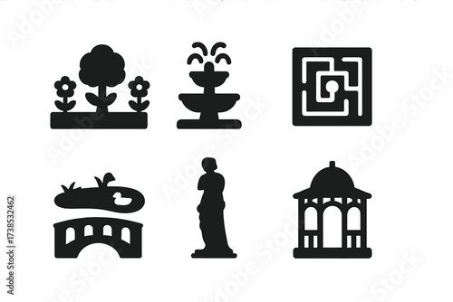 Manor Grounds Icons. Solid, filled icon set of manor grounds: garden, fountain, hedge maze, pond, bridge, statue, greenhouse, gazebo. Solid, filled icons in