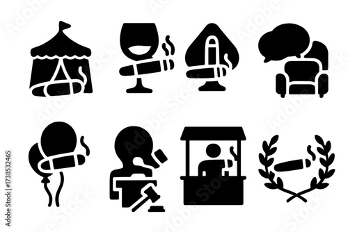 Cigar Culture Icons. Solid, filled icon set of cigar events and culture: cigar festival, tasting event, cigar club, lounge, cigar party, trade show, auction,