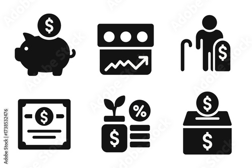 Financial Icons Grid. Solid, filled icon set of savings and investment: piggy bank, mutual fund, stocks chart, retirement plan, bonds certificate, interest