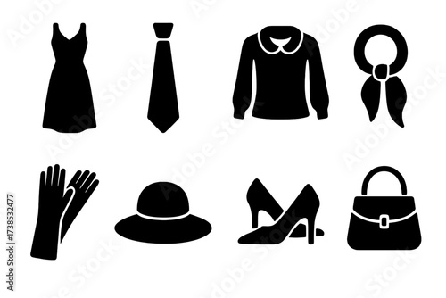 Silk Fashion Icons. Solid, filled icon set of silk fashion items: silk dress, silk tie, silk blouse, silk scarf, silk gloves, silk hat, silk shoes, silk