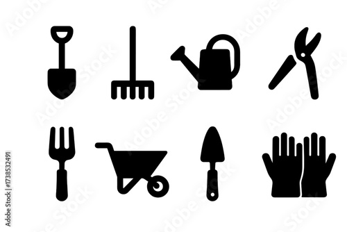 Garden Tool Icons. Solid, filled icon set of garden tools: shovel, rake, watering can, pruning shears, garden fork, wheelbarrow, trowel, gloves. [Line icons in